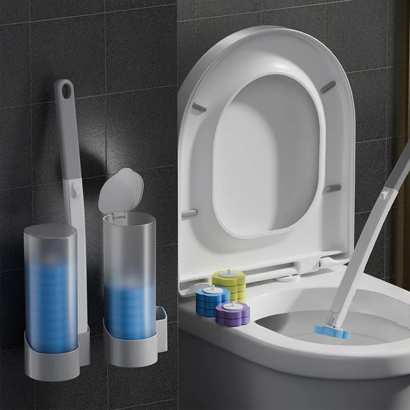 Kit de Brosse de Toilette Jetable Aroma avec Support - Ensemble de Brosses Jetables pour Nettoyer les Zones Difficiles, avec 16 Têtes de Rechange (Arôme de Mer/Lavande)