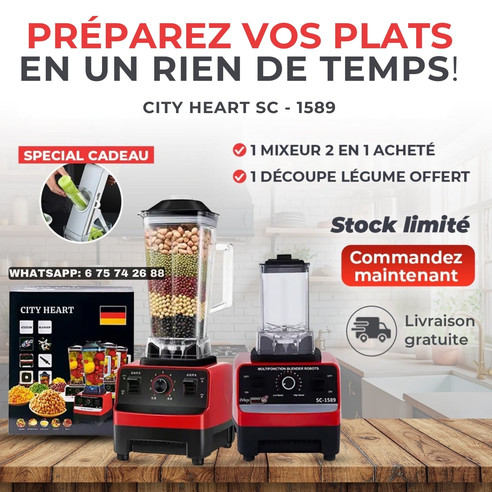 Mixeur City Heart (2 en 1 ) SC-1589 + 1 Découpe-légume OFFERT !