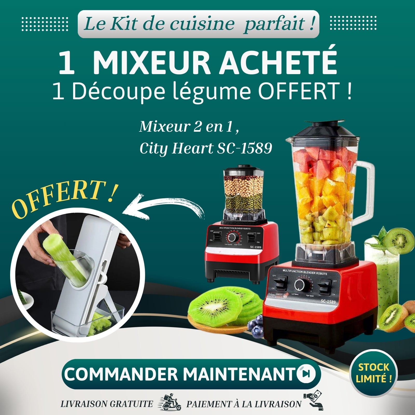 Mixeur City Heart (2 en 1 ) SC-1589 + 1 Découpe-légume OFFERT !