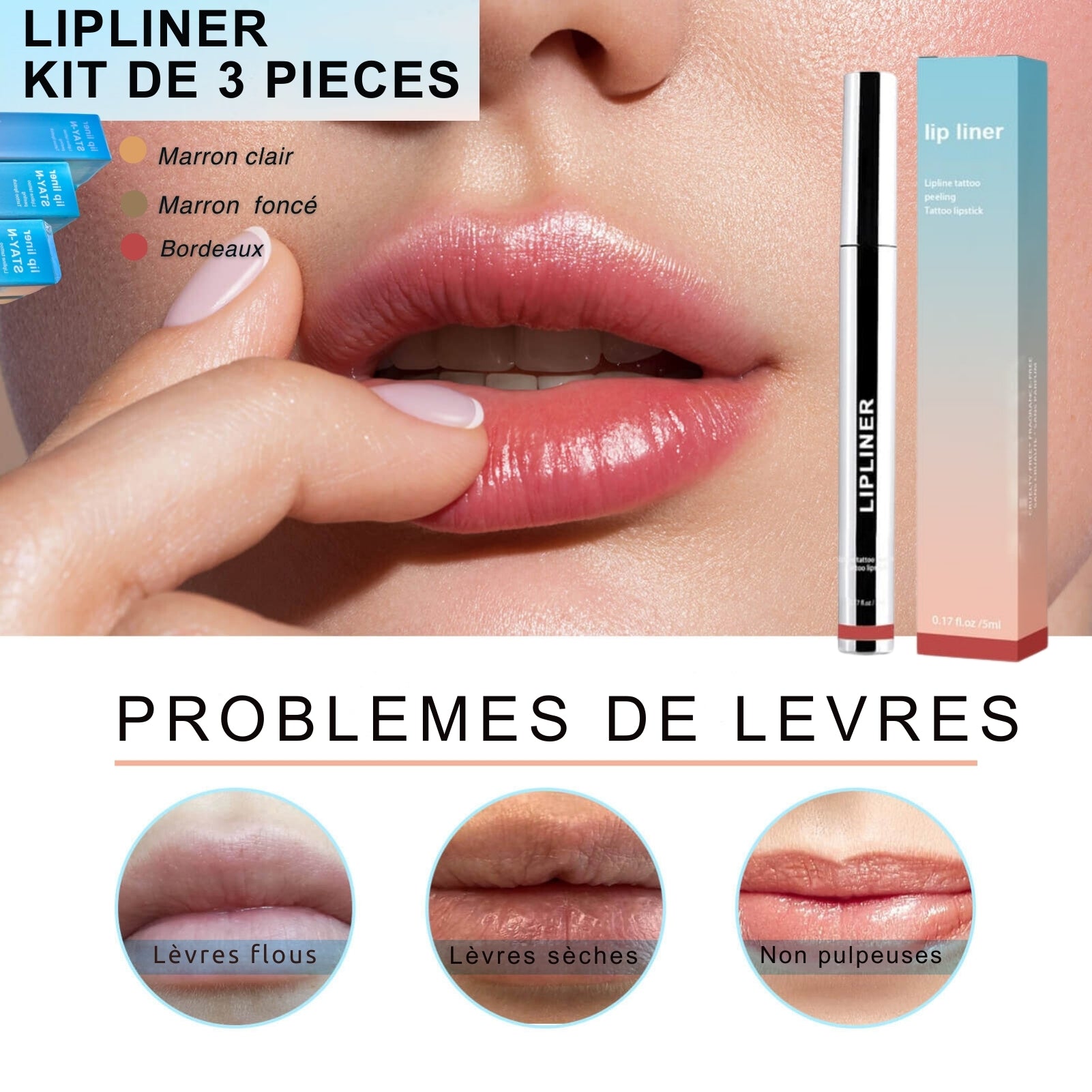 LIP LINER PRO - KIT de 3 pieces. Lèvres pulpeuses et brillantes