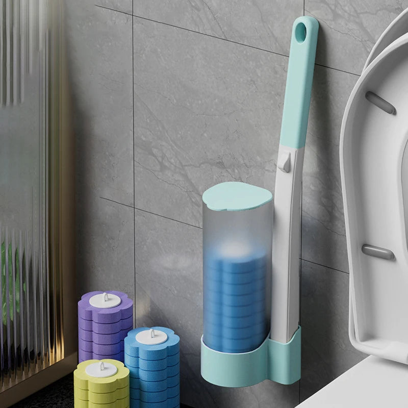 Kit de Brosse de Toilette Jetable Aroma avec Support - Ensemble de Brosses Jetables pour Nettoyer les Zones Difficiles, avec 16 Têtes de Rechange (Arôme de Mer/Lavande)